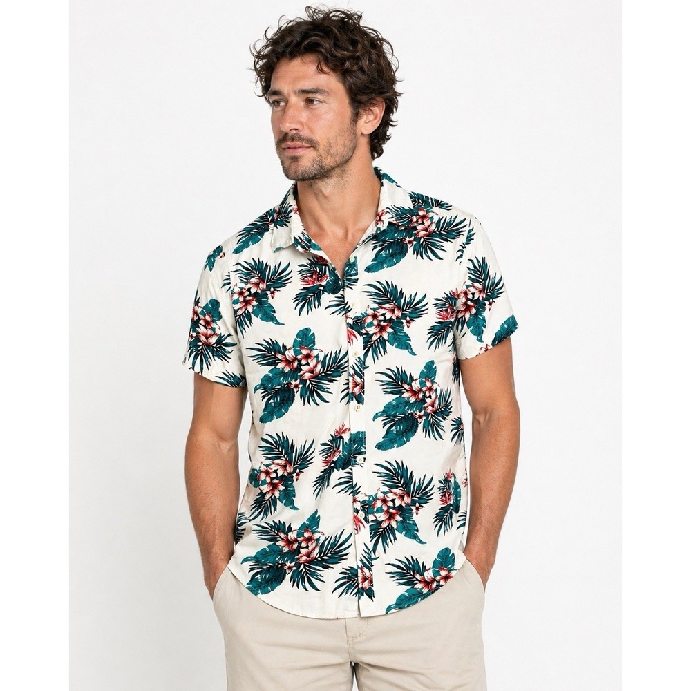 Cactus Man 100% Cotton Hawaiian Shirt Mens S Tropical Floral Camp Button Up